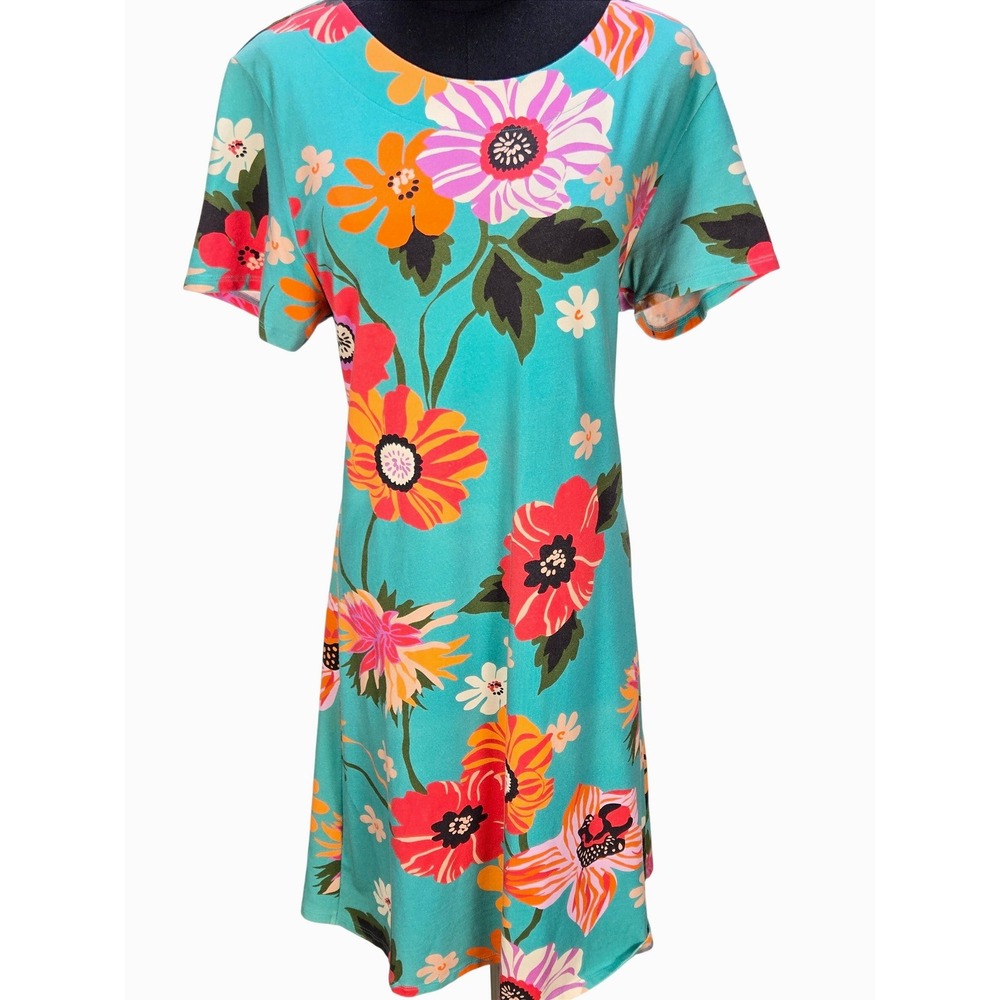 Womens Spartina 449 XL Turquoise Floral Short Sleeve T-Shirt Shift Midi Dress